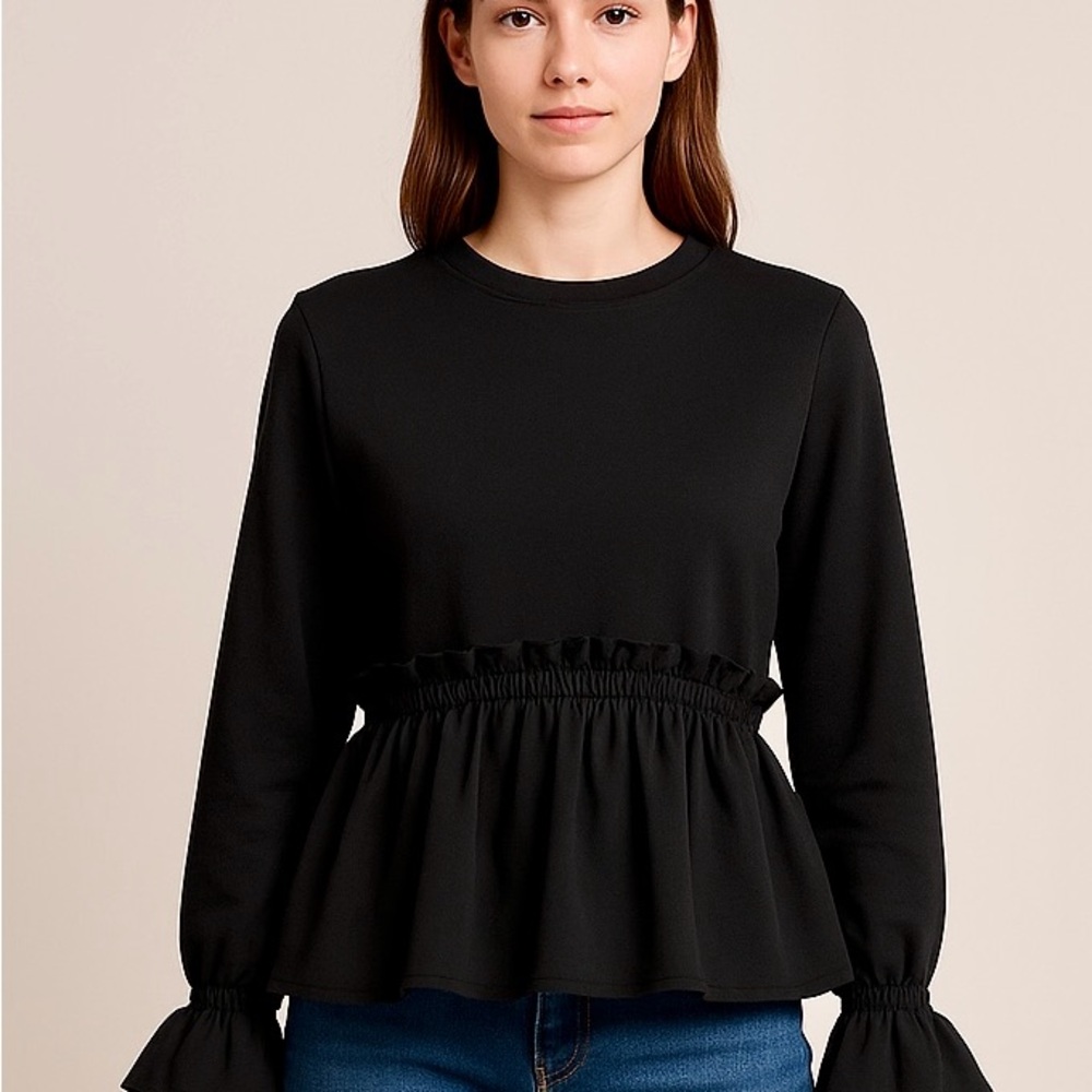 ZARA Black Peplum Ruffle Hem Long Sleeve Top – Size Small